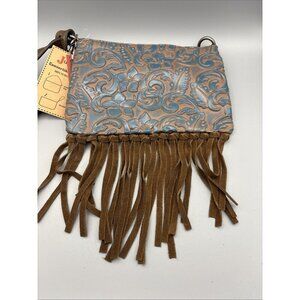 Justin Convertible Bag Wristlet & Earrings Brown Blue Embossed Fringe Western